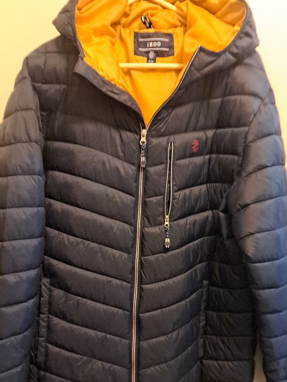 Izod Men's Navy Quilted Hooded Jacket with Yellow Lining